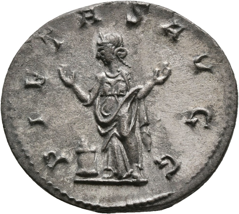 RIC IV Trebonianus Gallus 72 Trebonianus Gallus reverse — Pietas, veiled, draped, standing left, raising both hands; to le...