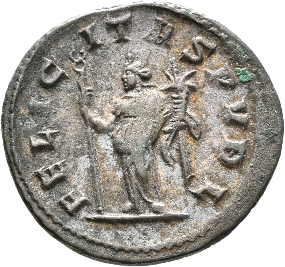 RIC IV Trebonianus Gallus 82 Trebonianus Gallus reverse — Felicitas, draped, standing left, holding long caduceus in right...