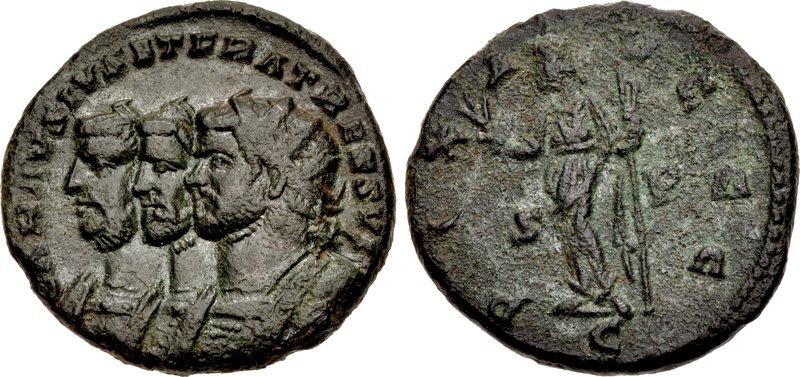 RIC V Allectus 2 Allectus reverse, Minerva, helmeted, draped, standing left, holding olive-branch and spear in right hand ...
