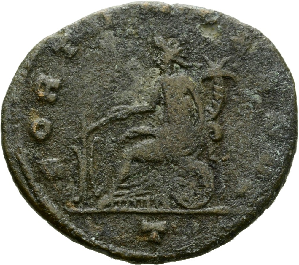 RIC V Aurelian 128 Aurelian reverse, Fortuna, draped, seated left by wheel, holding rudder in right hand and cornucopiae i...