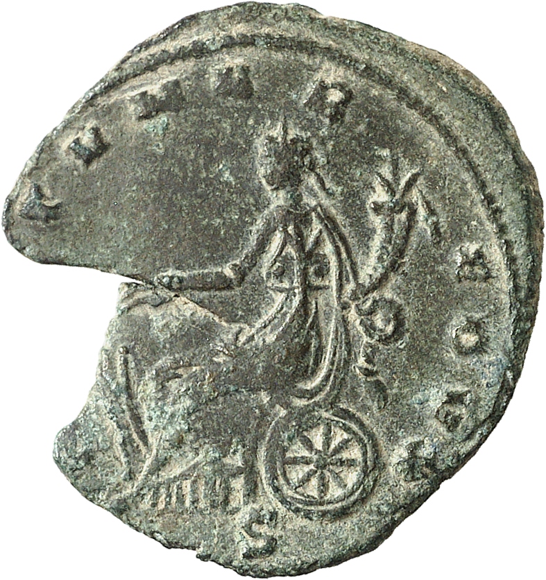RIC V Aurelian 128 Aurelian reverse — Fortuna, draped, seated left by wheel, holding rudder in right hand and cornucopiae ...