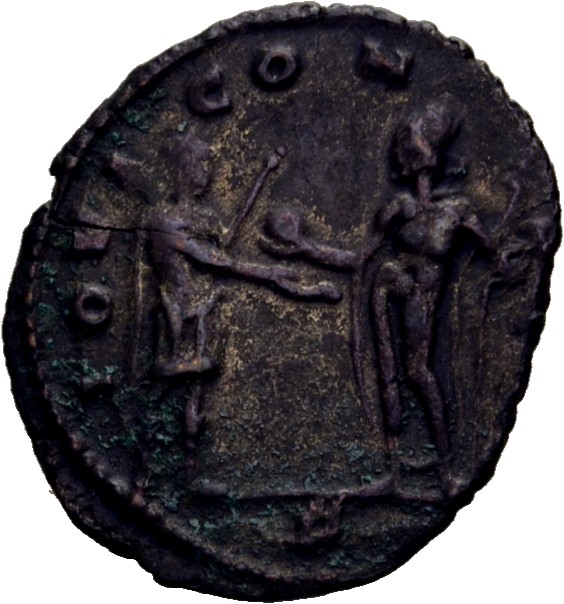 RIC V Aurelian 129 Aurelian reverse — Aurelian, standing right, holding sceptre or spear, receiving globe from Jupiter, st...