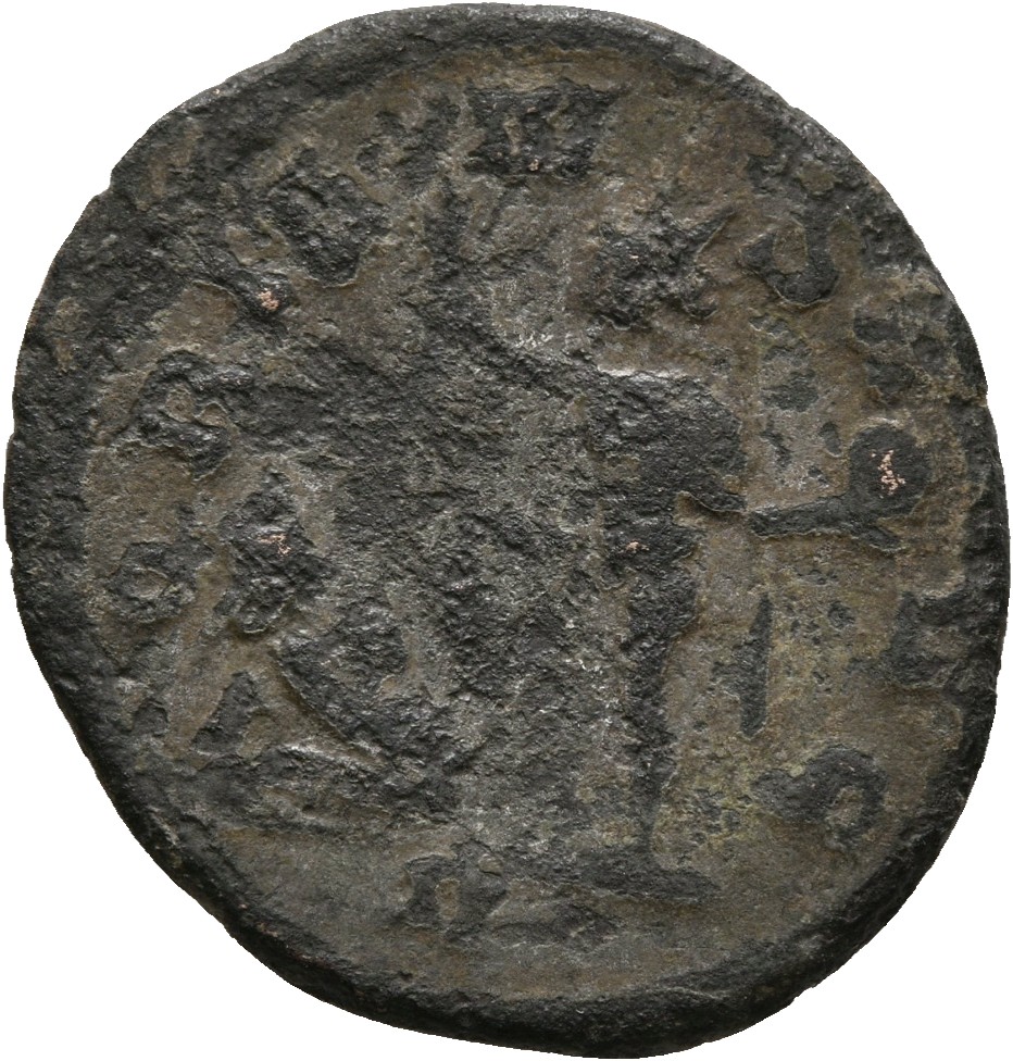 RIC V Aurelian 134 Aurelian reverse, Sol, radiate, standing left, raising right hand and holding globe in left hand; at hi...