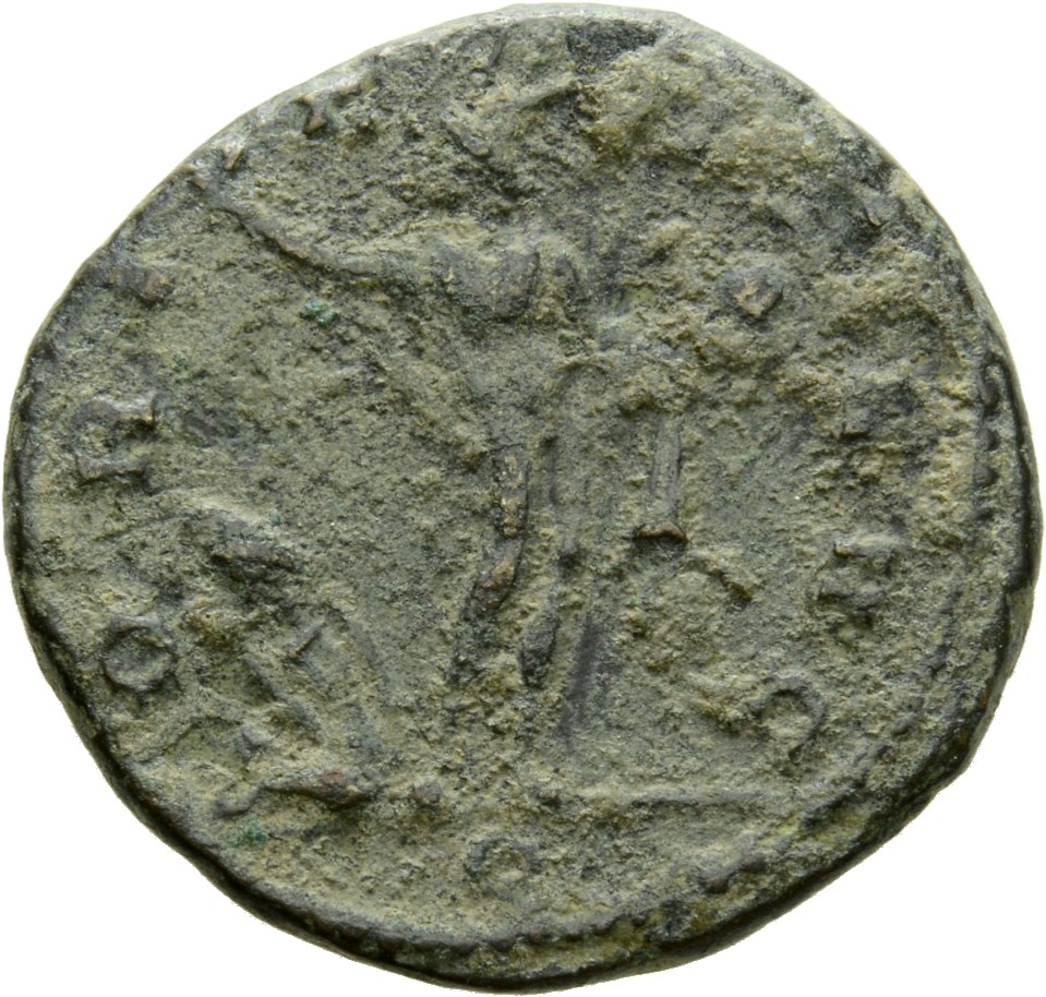 RIC V Aurelian 135 Aurelian reverse, Sol, radiate, standing left, raising right hand and holding globe in left hand; at hi...