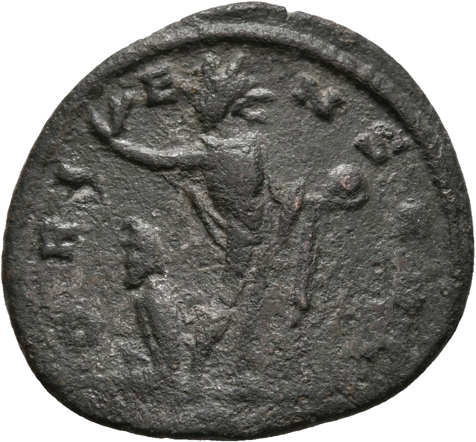 RIC V Aurelian 135 Aurelian reverse — Sol, radiate, standing left, raising right hand and holding globe in left hand; at h...