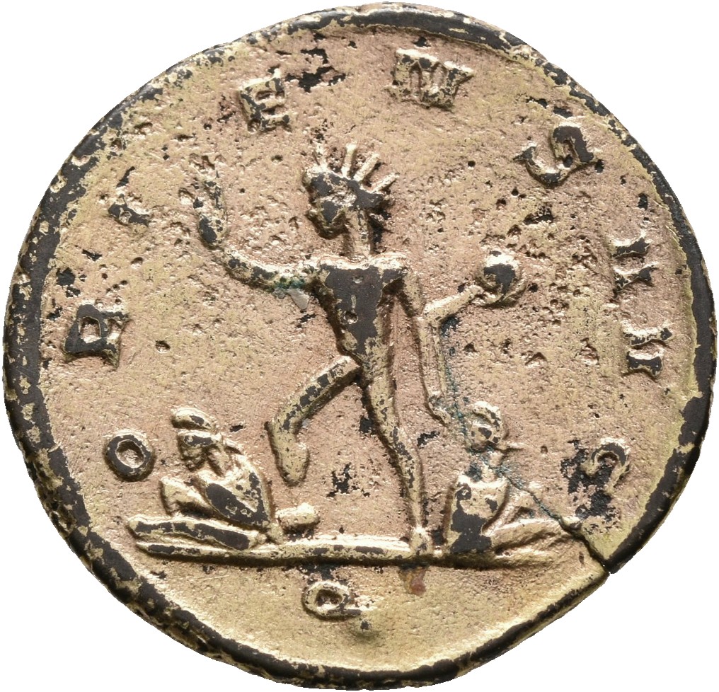 RIC V Aurelian 137 Aurelian reverse, Sol, radiate, walking left, raising right hand and holding globe in left hand, treadi...