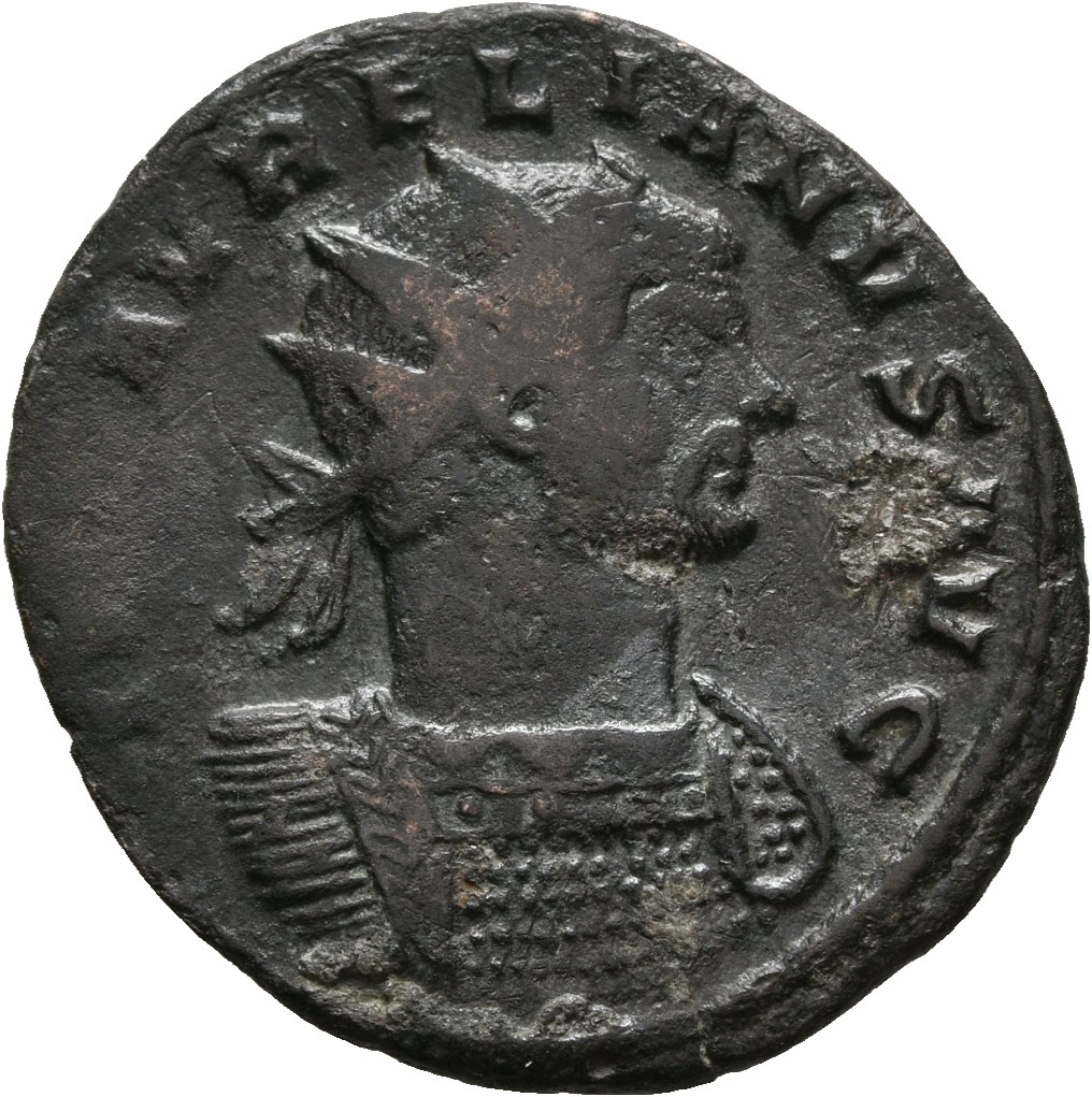 RIC V Aurelian 138 Aurelian obverse — Bust of Aurelian, radiate, draped, right or bust of Aurelian, radiate, draped, cuira...