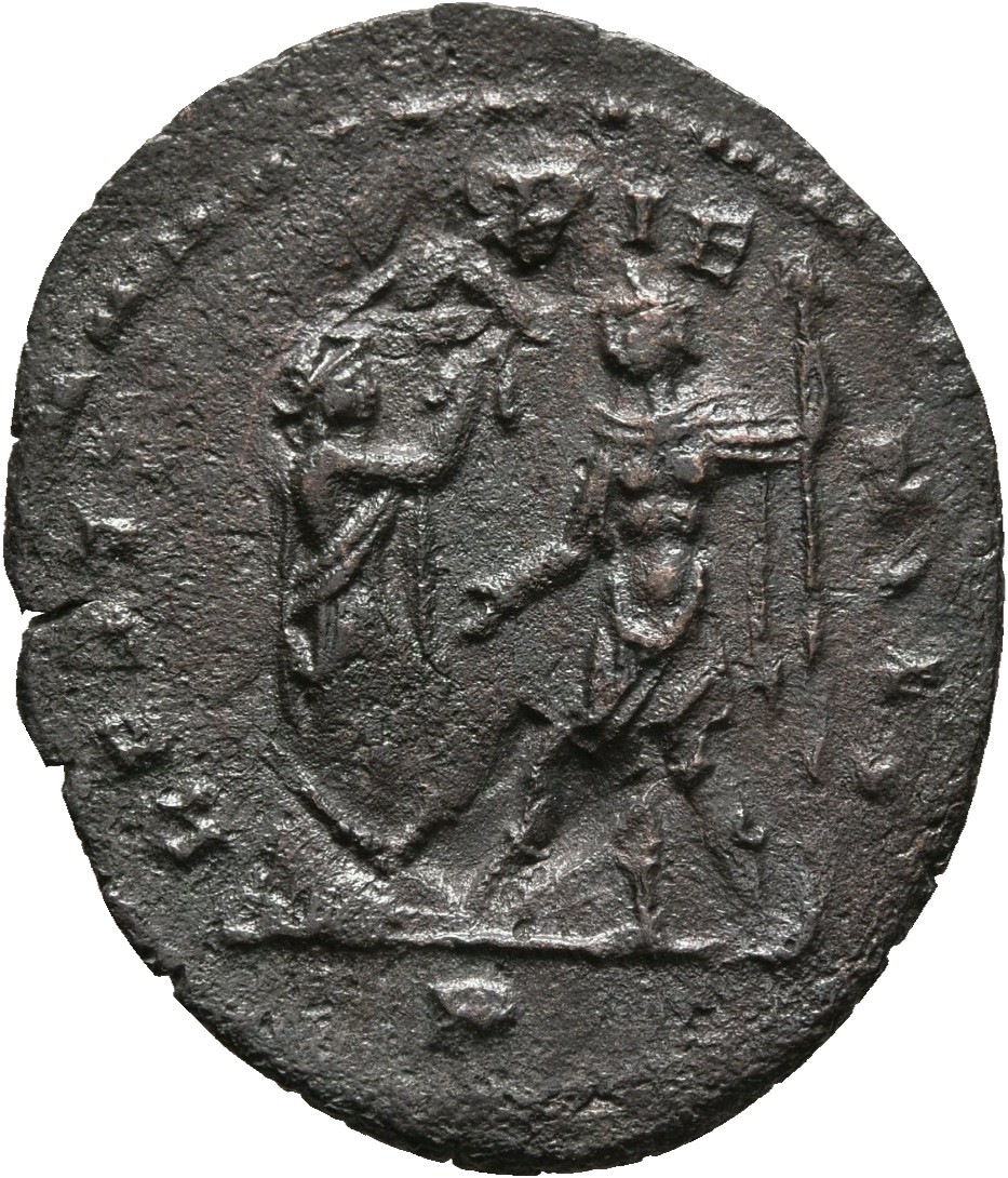 RIC V Aurelian 140 Aurelian reverse, Woman, draped, standing right, presenting wreath to Aurelian, holding spear