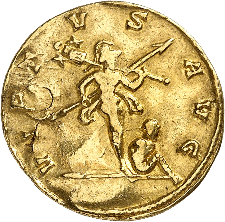 RIC V Aurelian 15 Aurelian reverse, Mars, walking right, holding spear in right hand and trophy in left hand; at his feet,...