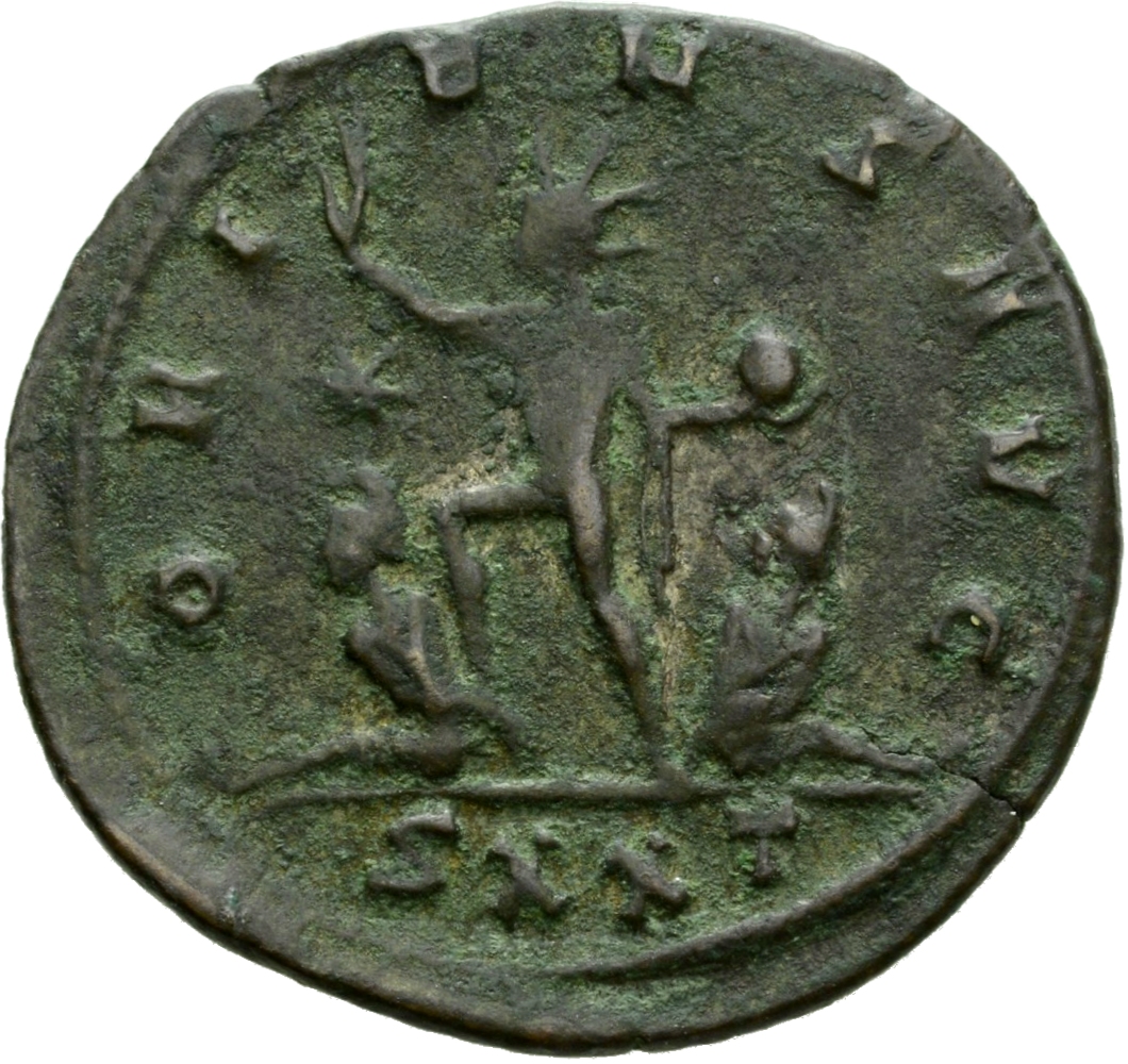 RIC V Aurelian 151 Aurelian reverse, Sol, radiate, walking left between two captives, raising right hand and holding globe...