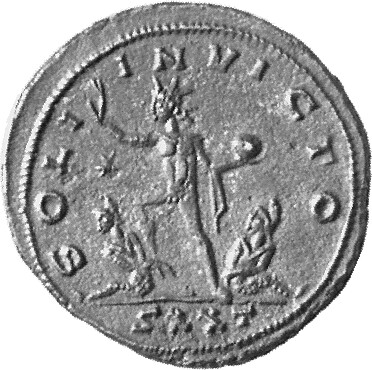 RIC V Aurelian 154 Aurelian reverse, Sol, radiate, walking left between two captives, sometimes treading one down, raising...