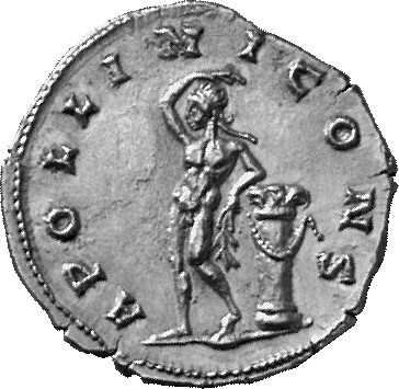 RIC V Aurelian 161 Aurelian reverse, Apollo, standing left, leaning left on column, resting right hand on head, and holdin...