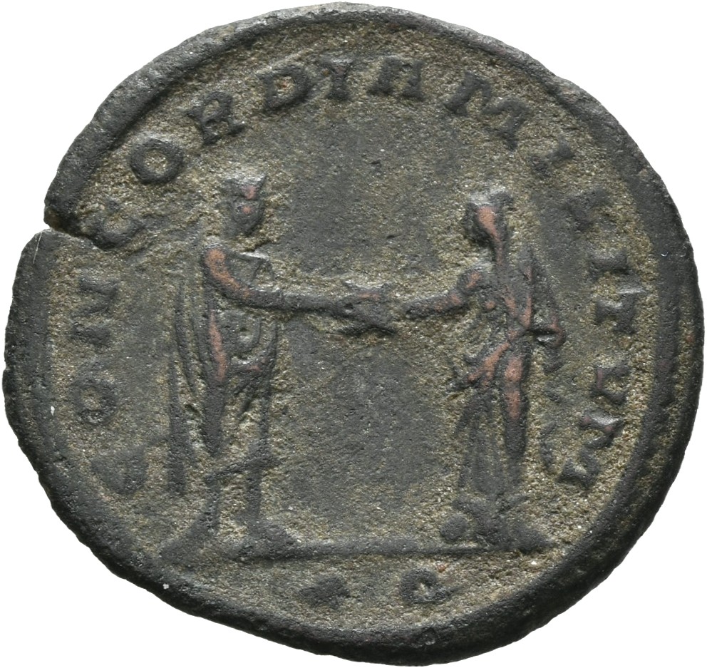 RIC V Aurelian 216 Aurelian reverse, Aurelian, togate, standing right, clasping hand of Concordia, standing left