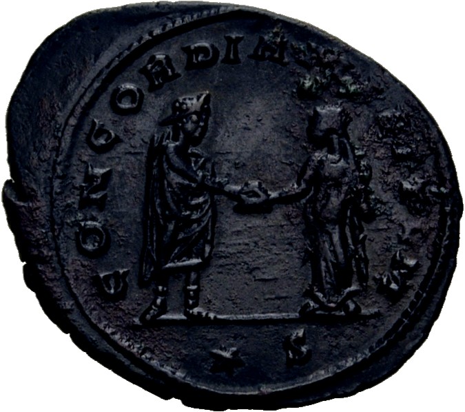 RIC V Aurelian 216 Aurelian reverse — Aurelian, togate, standing right, clasping hand of Concordia, standing left