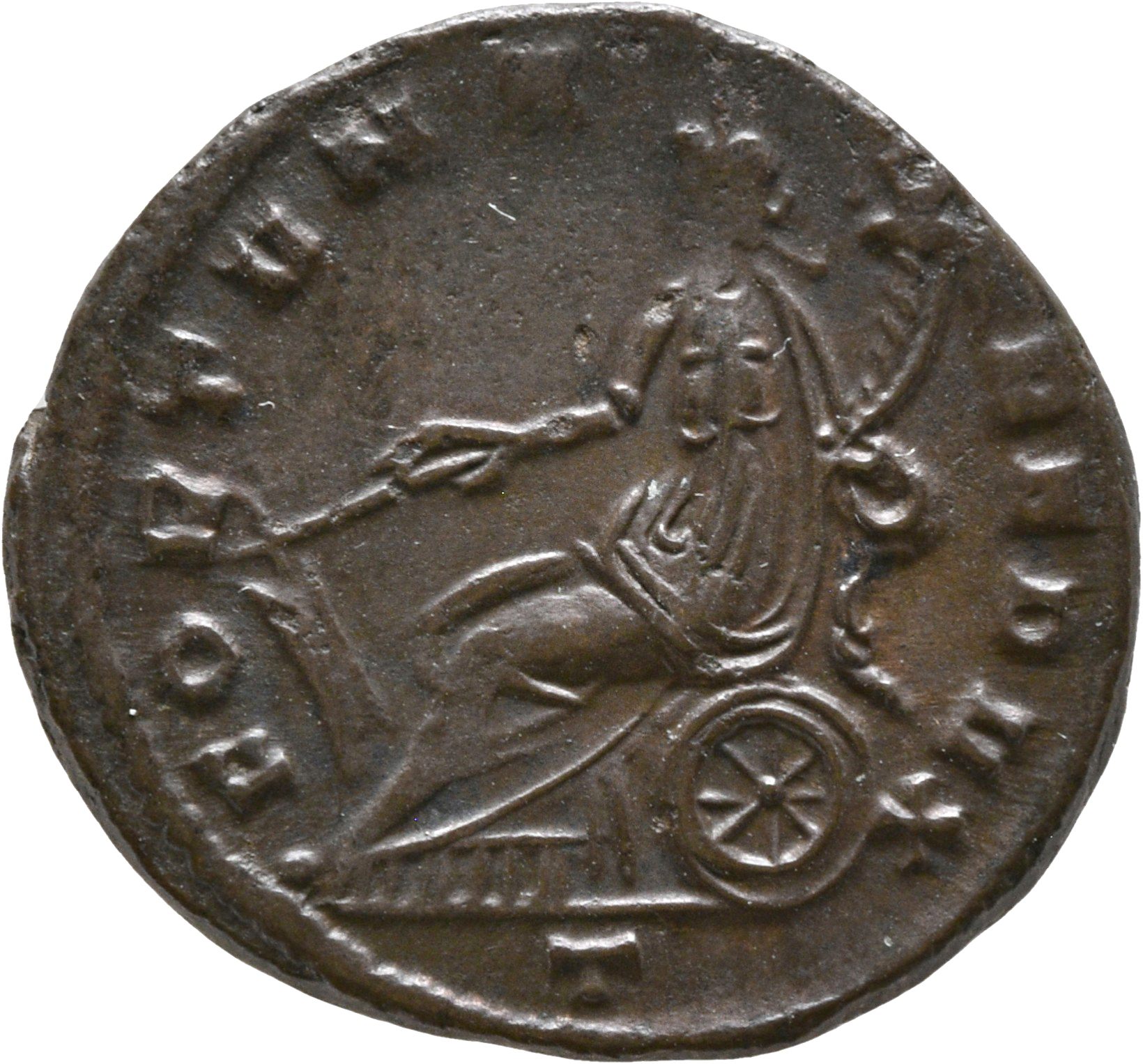 RIC V Aurelian 220 Aurelian reverse, Fortuna, draped, seated left on wheel, holding rudder in right hand and cornucopiae i...