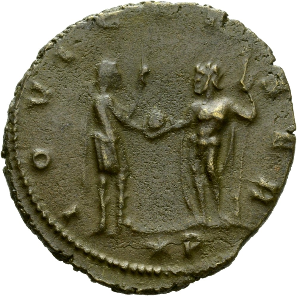 RIC V Aurelian 225 Aurelian reverse, Aurelian, standing right, receving globe from Jupiter, standing left, holding sceptre