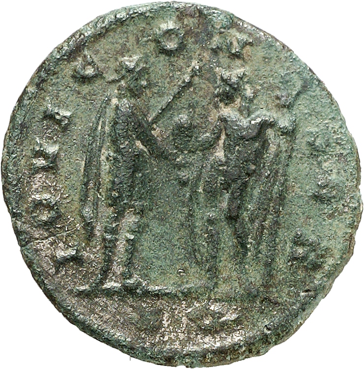 RIC V Aurelian 225 Aurelian reverse — Aurelian, standing right, receving globe from Jupiter, standing left, holding sceptre