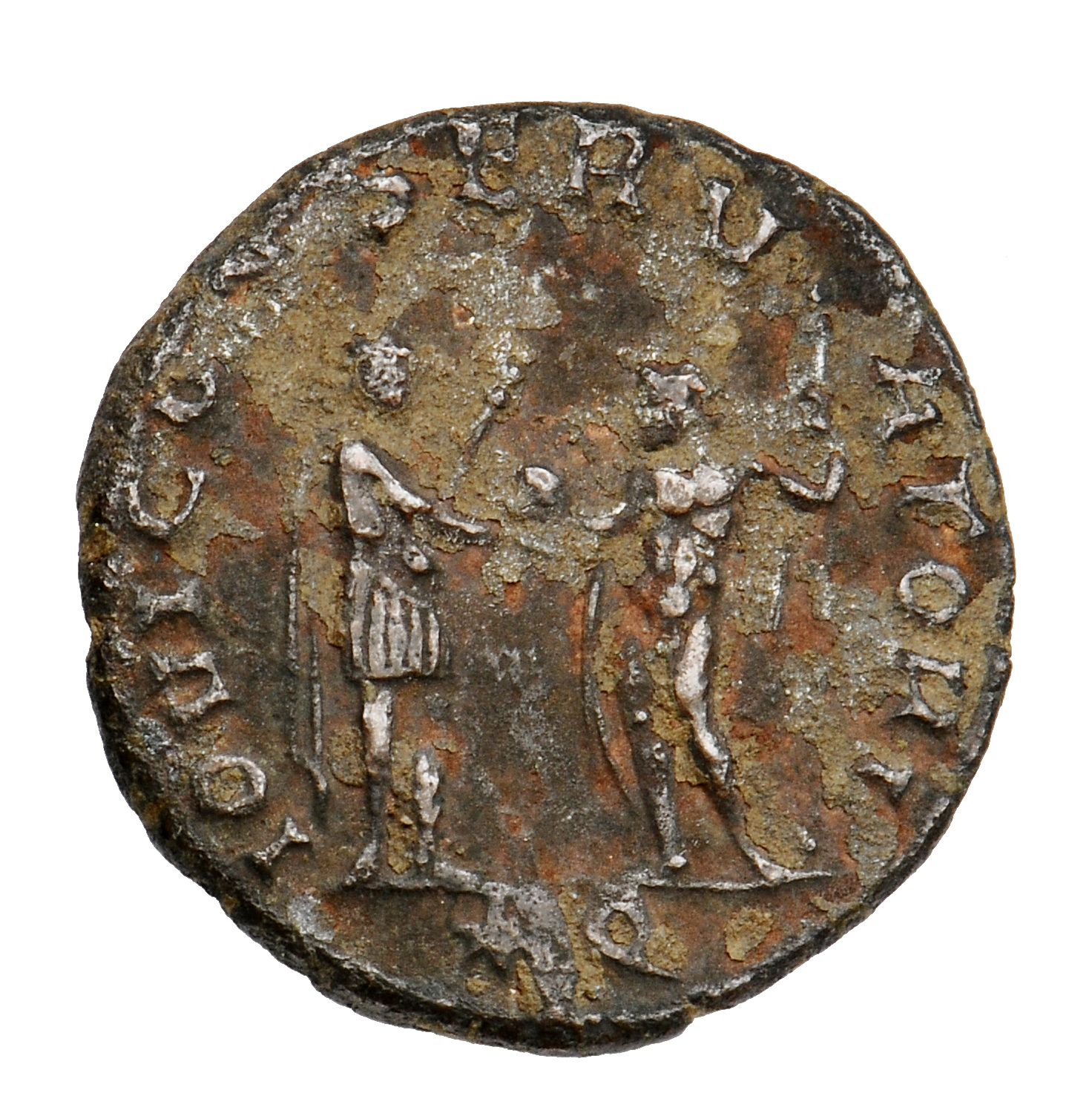 RIC V Aurelian 227 Aurelian reverse, Aurelian, standing right, receving globe from Jupiter, standing left, holding sceptre