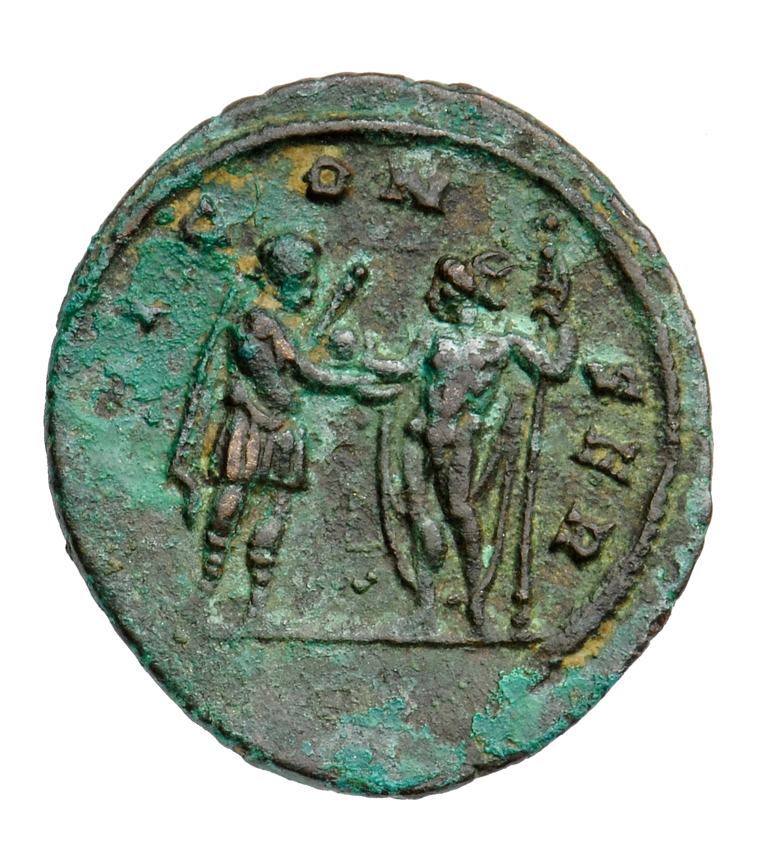 RIC V Aurelian 260 Aurelian reverse, Aurelian, standing right, holding sceptre, receiving globe from Jupiter, standing lef...