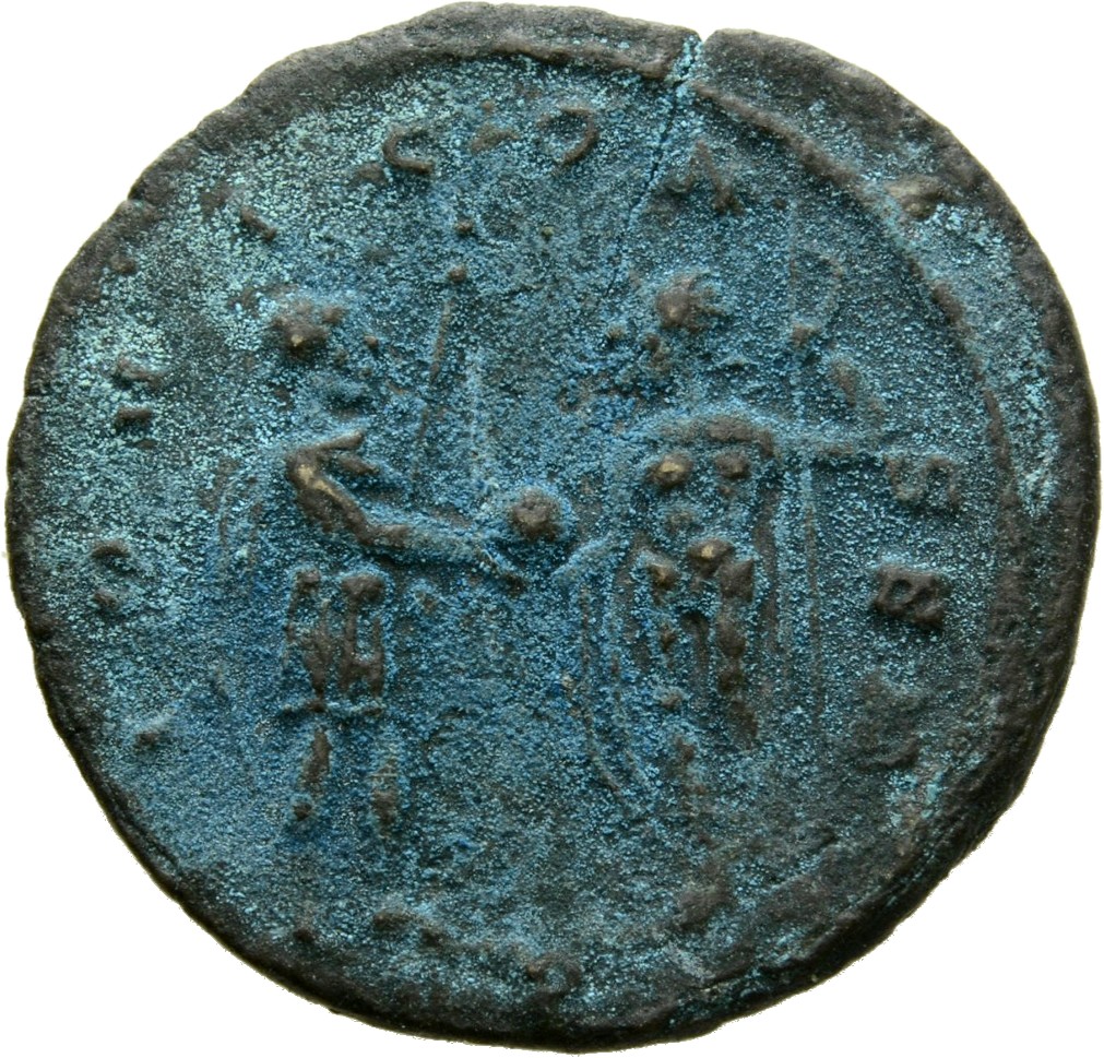 RIC V Aurelian 261 Aurelian reverse, Aurelian, standing right, holding sceptre, receiving globe from Jupiter, standing lef...