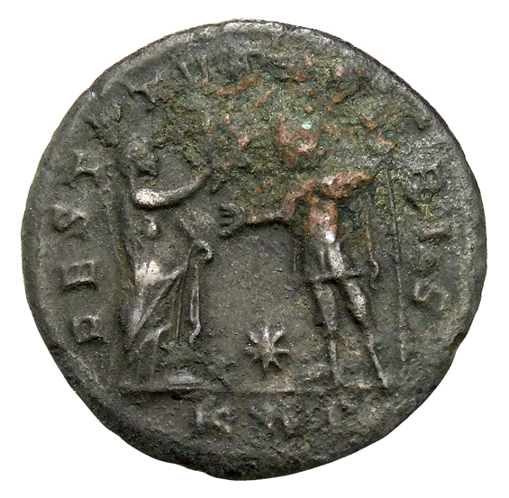 RIC V Aurelian 305 Aurelian reverse, Woman, draped, standing right, presenting wreath to Aurelian, standing left, holding ...