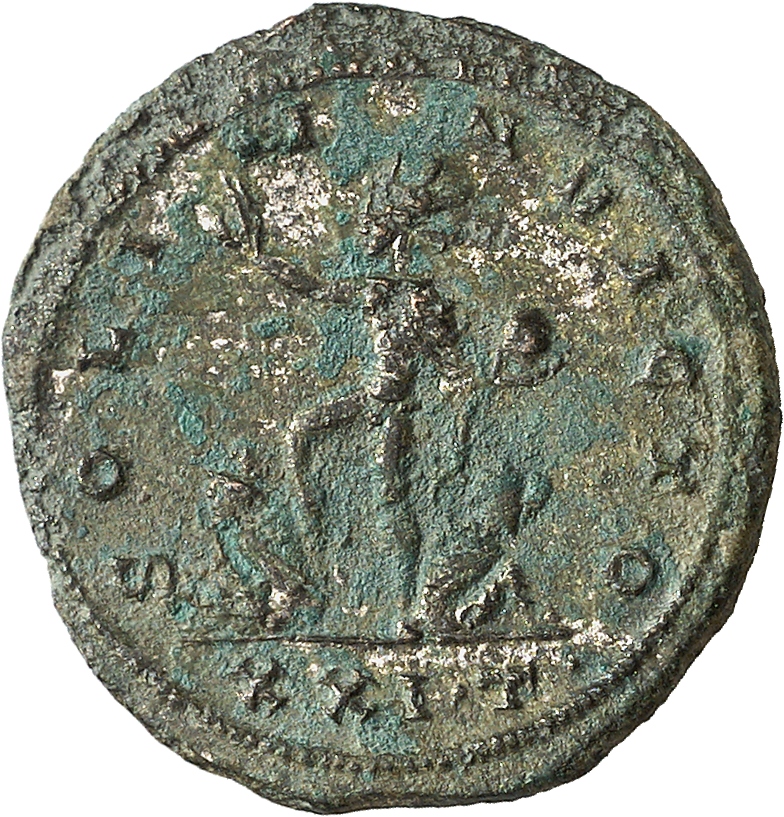 RIC V Aurelian 308 Aurelian reverse, Sol, radiate, standing left, raising right hand, holding globe in left hand, treading...