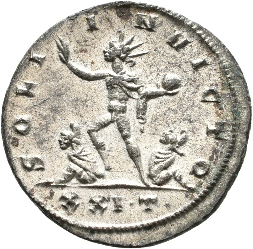RIC V Aurelian 308 Aurelian reverse — Sol, radiate, standing left, raising right hand, holding globe in left hand, treadin...