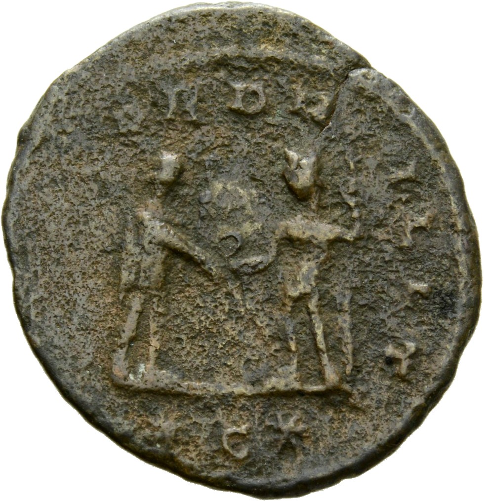 RIC V Aurelian 342 Aurelian reverse, Aurelian, standing right, holding sceptre, receiving globe from Jupiter, standing lef...
