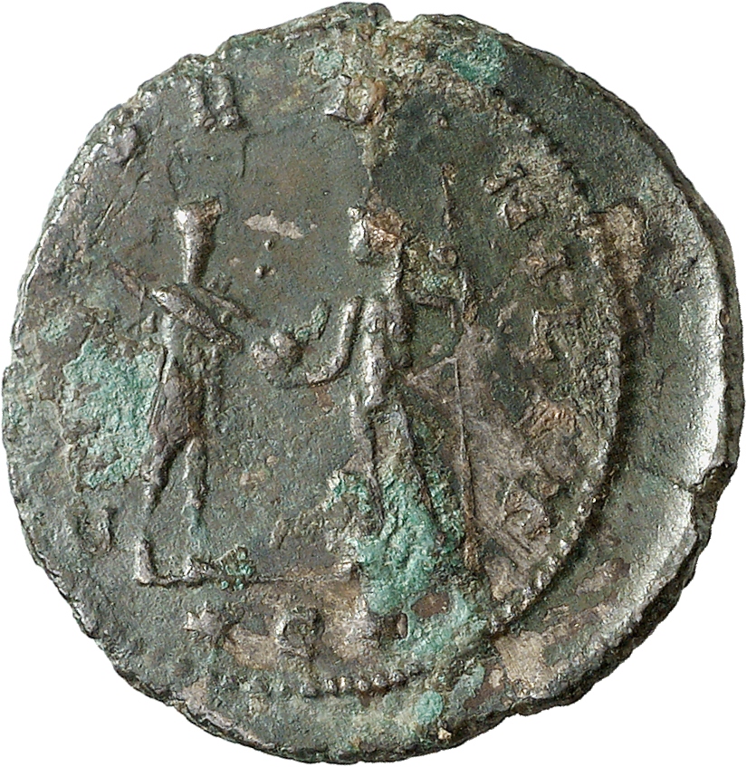 RIC V Aurelian 342 Aurelian reverse — Aurelian, standing right, holding sceptre, receiving globe from Jupiter, standing le...
