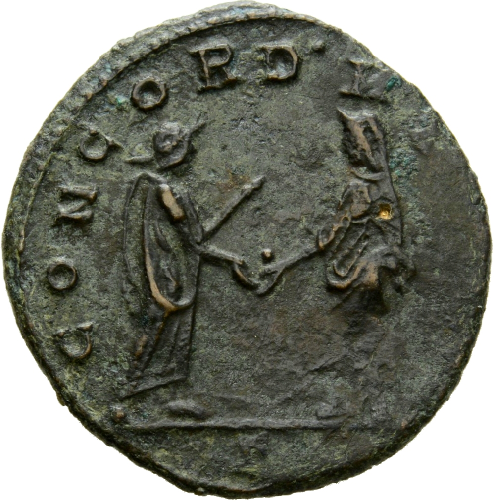 RIC V Aurelian 343 Aurelian reverse — Aurelian, standing left, sometimes holding sceptre in left hand clasping hand of Con...