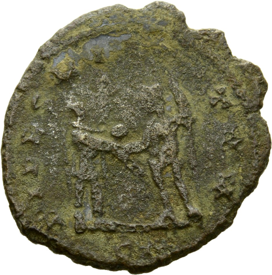 RIC V Aurelian 344 Aurelian reverse, Aurelian, standing right, receiving globe from Jupiter, standing left, holding sceptre