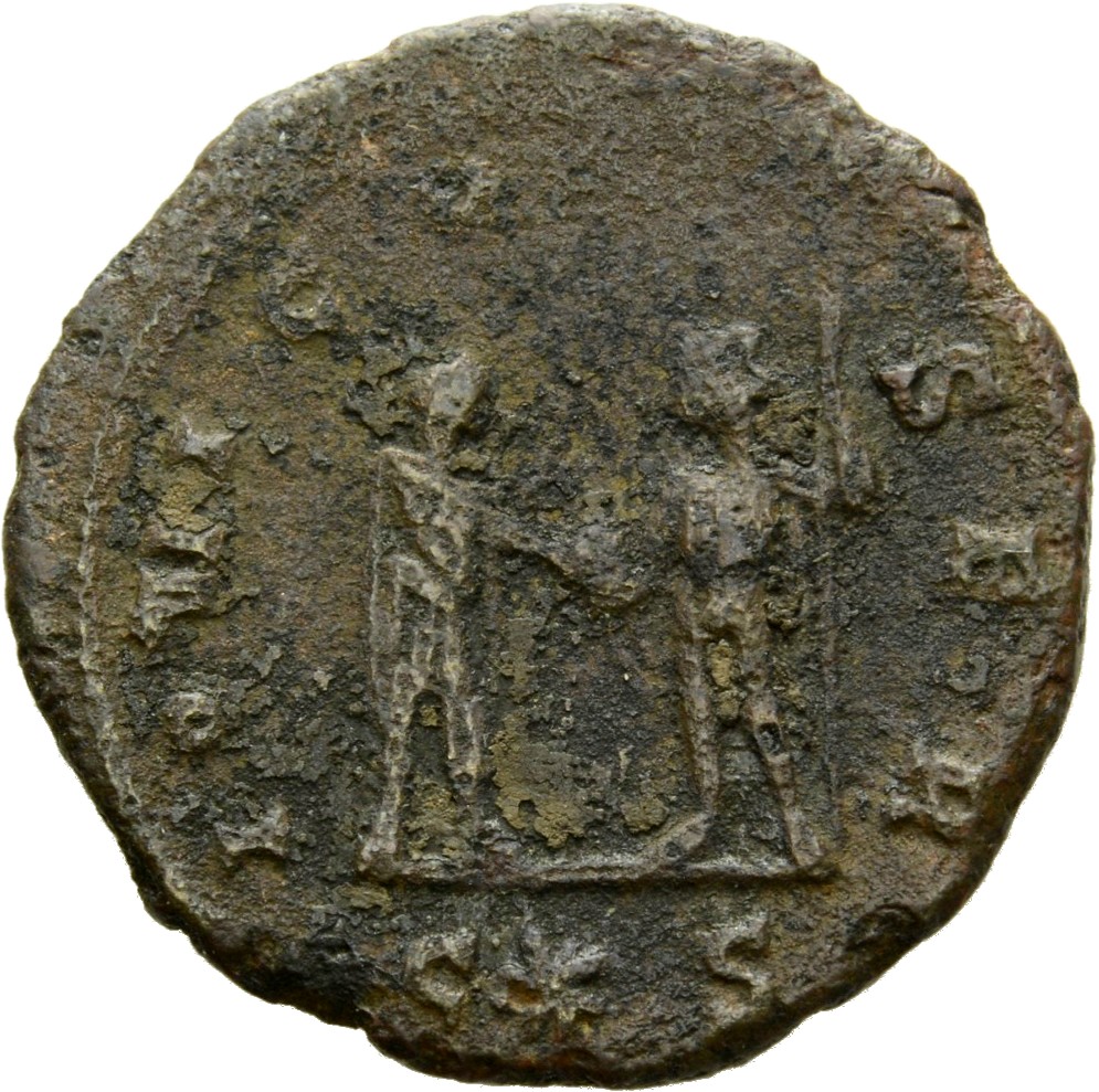 RIC V Aurelian 346 Aurelian reverse, Aurelian, standing right, receiving globe from Jupiter, standing left, both holding s...