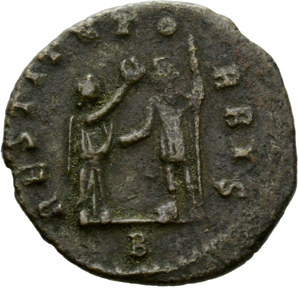 RIC V Aurelian 347 Aurelian reverse, Female, draped, standing right, presenting wreath to Aurelian, standing left, holding...