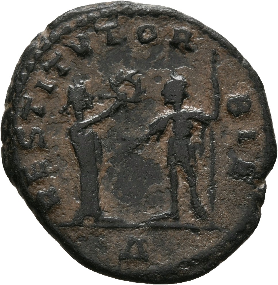 RIC V Aurelian 347 Aurelian reverse — Female, draped, standing right, presenting wreath to Aurelian, standing left, holdin...