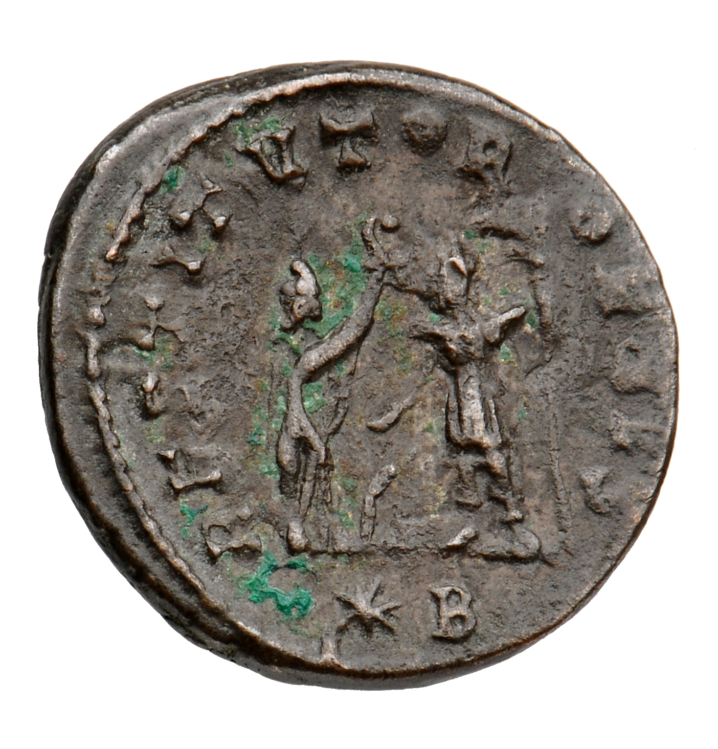 RIC V Aurelian 349 Aurelian reverse, Female, draped, standing right, presenting wreath to Aurelian, standing left, holding...