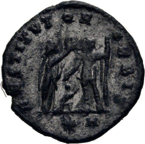 RIC V Aurelian 349 Aurelian reverse — Female, draped, standing right, presenting wreath to Aurelian, standing left, holdin...