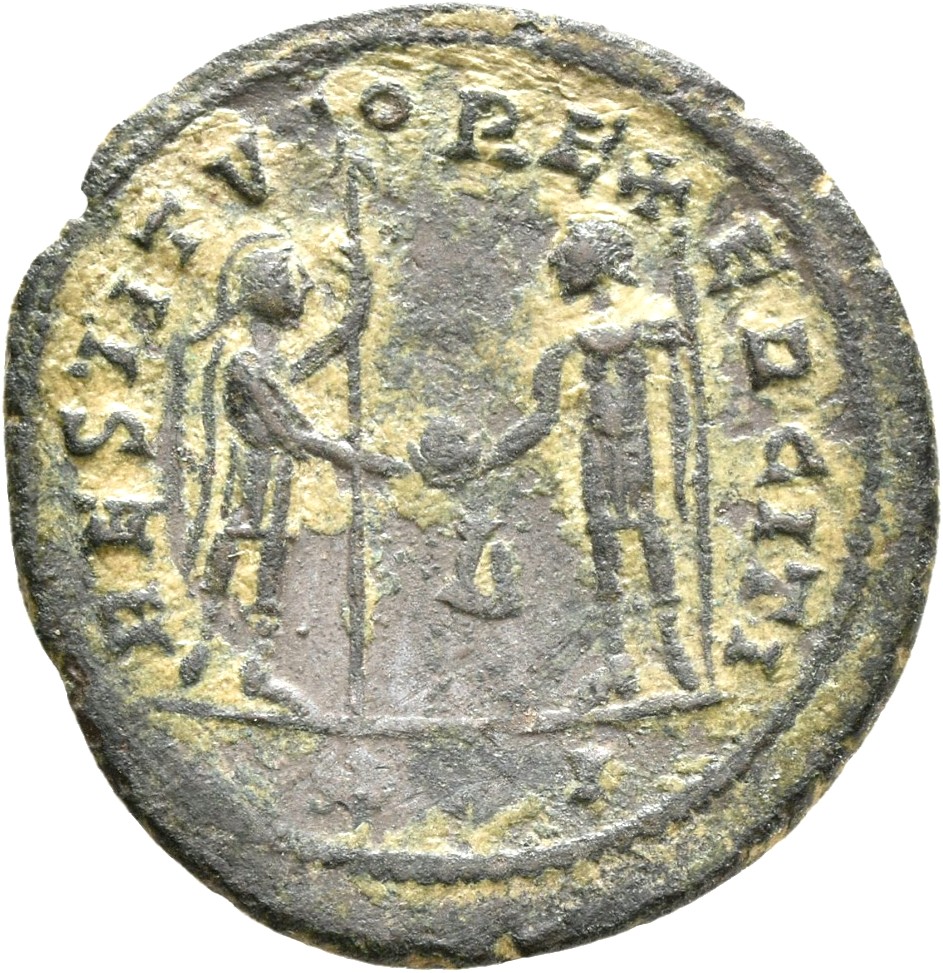 RIC V Aurelian 366 Aurelian reverse — Mars, helmeted, in military attire, standing right, holding spear; Aurelian, standin...