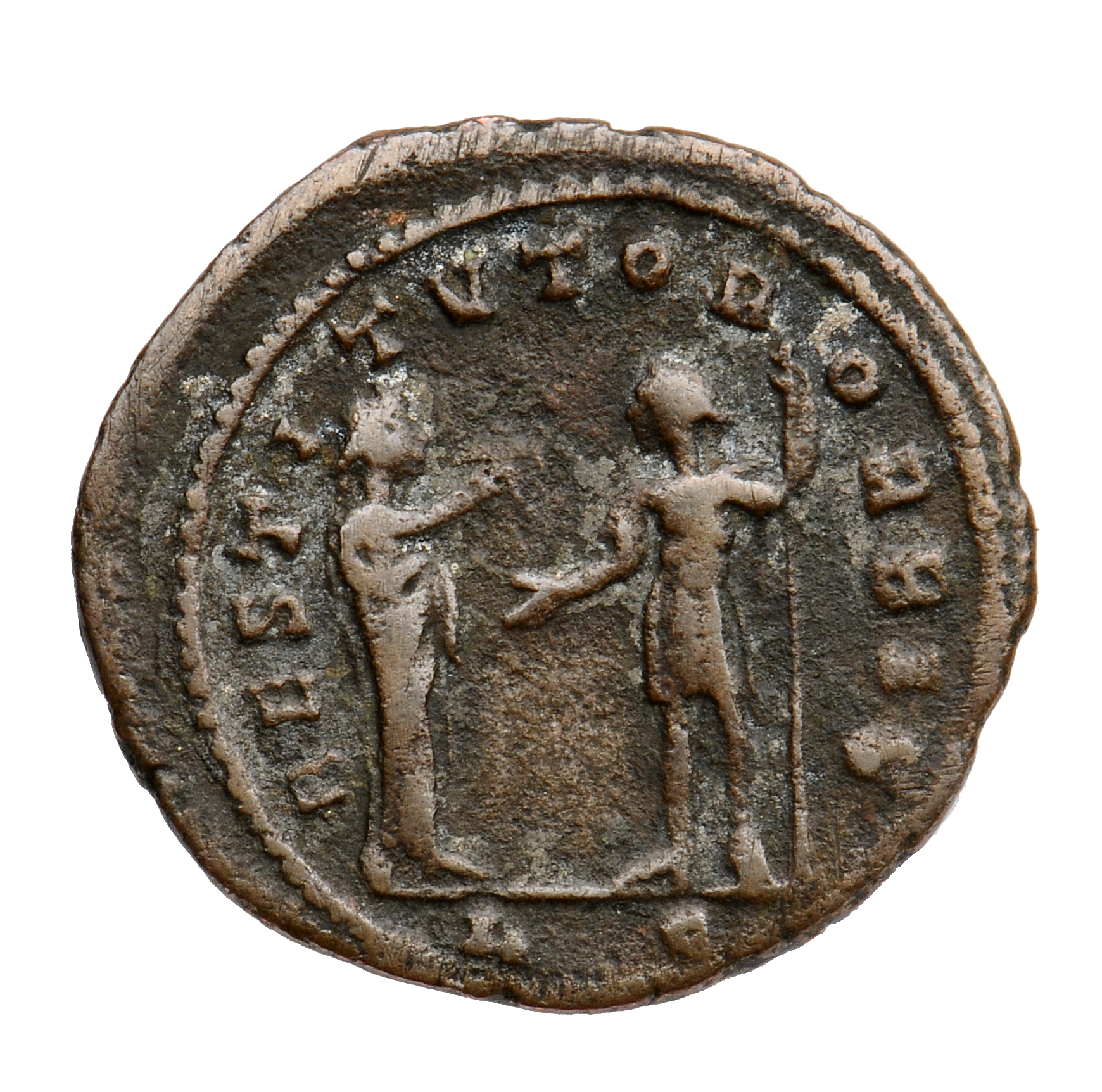 RIC V Aurelian 368 Aurelian reverse, Victory, standing right, holding palm, presenting wreath to Aurelian, standing left, ...