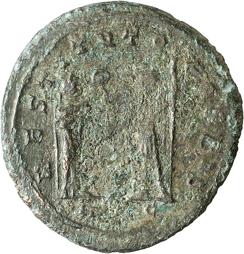 RIC V Aurelian 368 Aurelian reverse — Victory, standing right, holding palm, presenting wreath to Aurelian, standing left,...