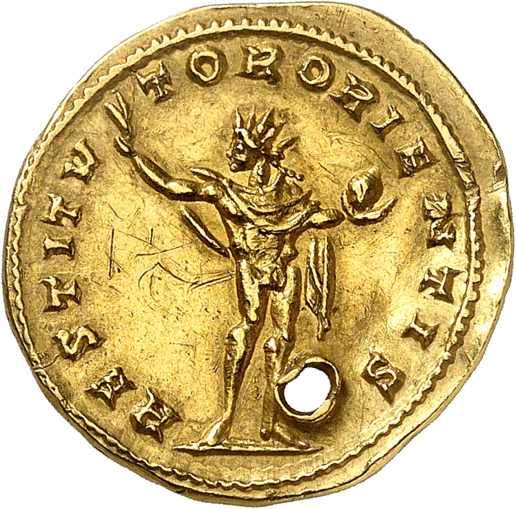 RIC V Aurelian 375 Aurelian reverse, Sol, radiate, standing left, raising right hand and holding globe in left hand