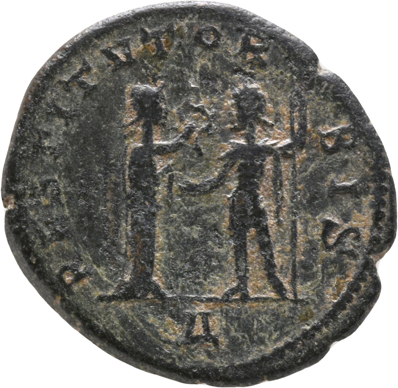 RIC V Aurelian 386 Aurelian reverse, Woman, draped, standing right, presenting wreath to Aurelian, standing left, extendin...