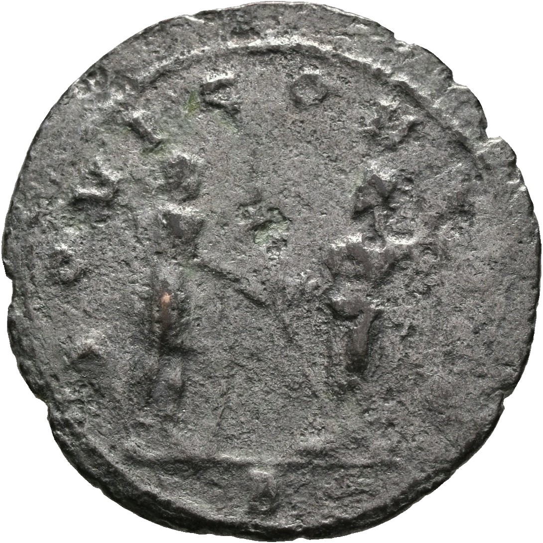 RIC V Aurelian 394 Aurelian reverse, Aurelian, standing right, receiving globe from Jupiter, standing left, each holding a...