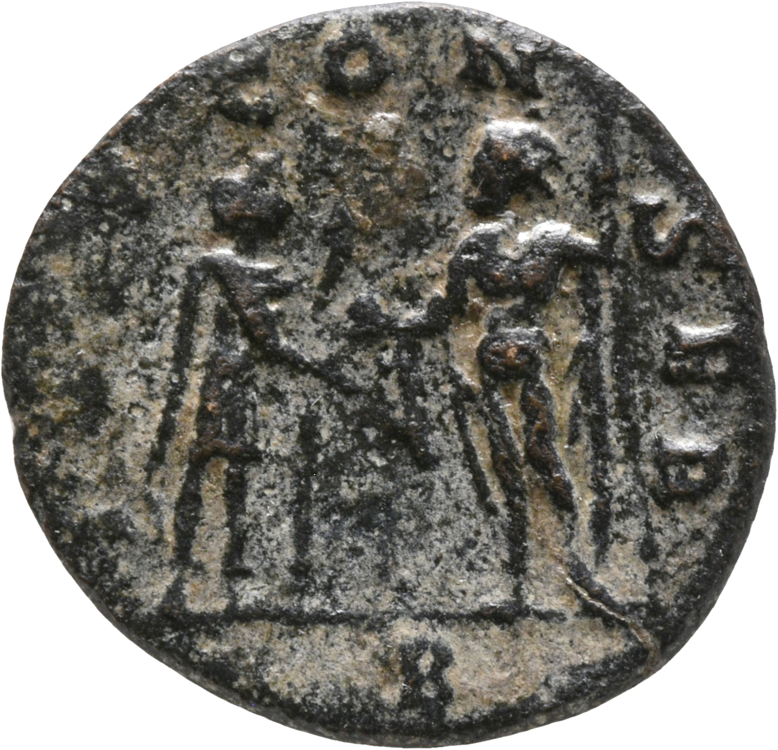 RIC V Aurelian 394 Aurelian reverse, Aurelian, standing right, receiving globe from Jupiter, standing left, each holding a...