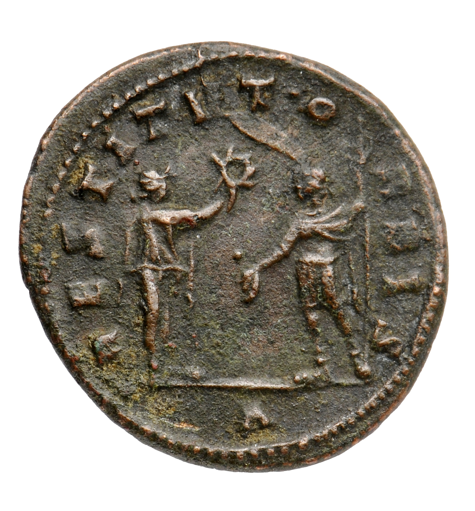 RIC V Aurelian 399 Aurelian reverse, Aurelian, standing left, holding sceptre, receiving wreath from woman, standing right