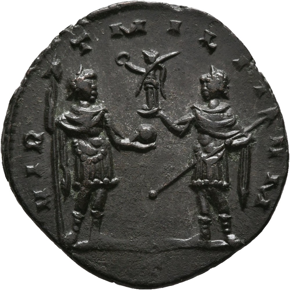 RIC V Aurelian 407 Aurelian reverse, Aurelian, standing right, holding globe in right hand and sceptre in left hand, facin...
