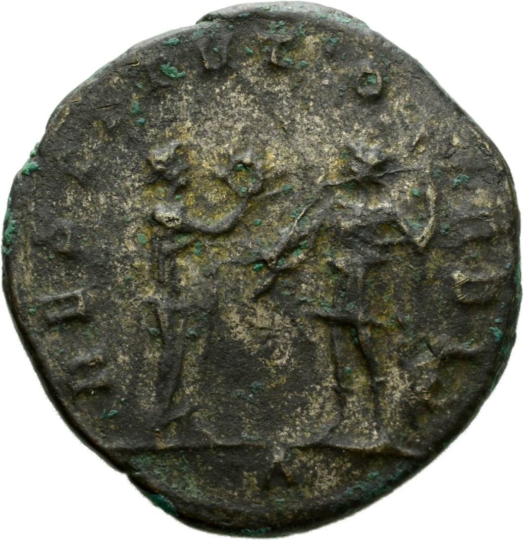 RIC V Aurelian 53 Aurelian reverse, Aurelian, standing left, holding spear and receiving wreath from woman