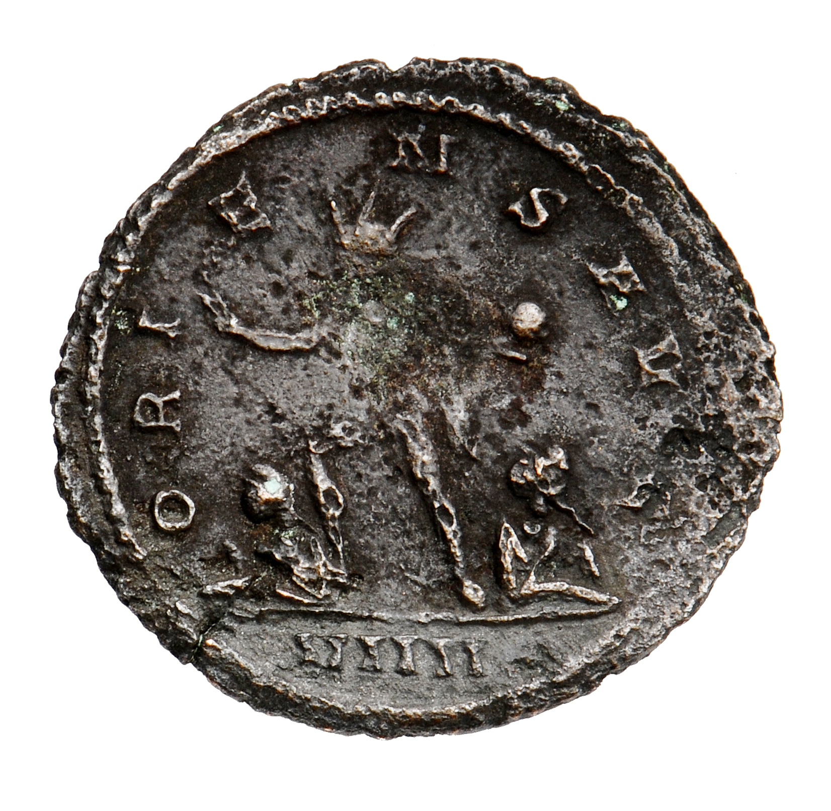 RIC V Aurelian 62 Aurelian reverse, Sol, radiate, walking left, raising right hand and holding globe in left hand, treadin...