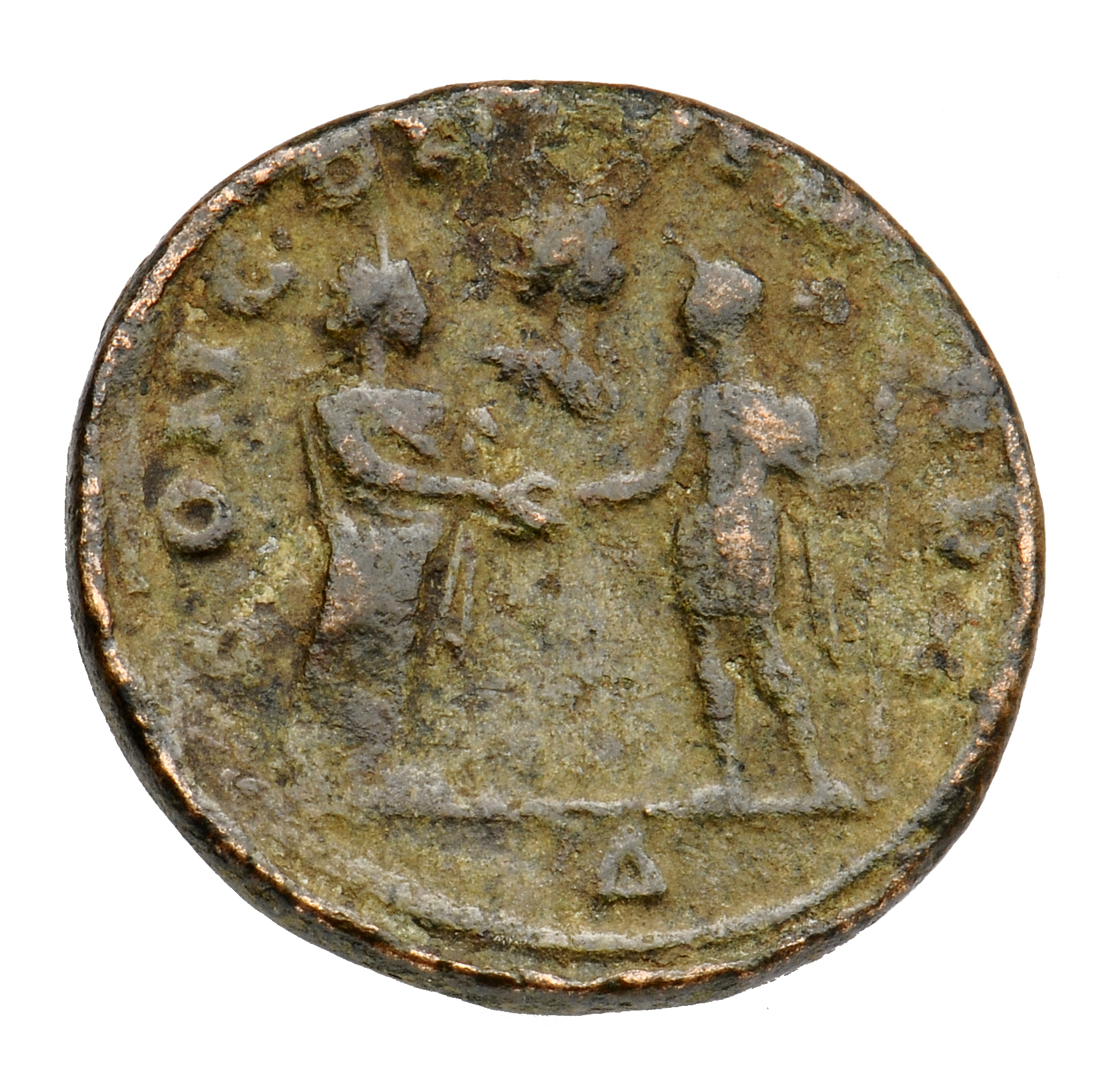 RIC V Aurelian 80 Aurelian reverse, Aurelian and Severina clasping hands, Aurelian holding sceptre in left hand; in field ...