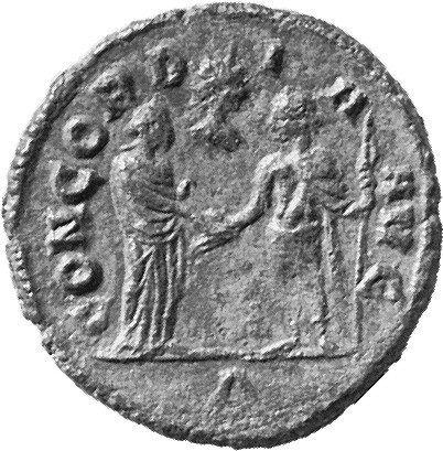 RIC V Aurelian 81 Aurelian reverse, Aurelian and Severina clasping hands, Aurelian holding sceptre in left hand; in field ...