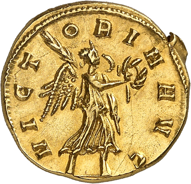 RIC V Aurelian 95 Aurelian reverse, Victory, winged, draped, walking right, holding wreath in right hand and palm in left ...